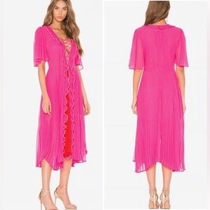 New! Anthropologie x Delfi Collective Gwen Lace up Ruffe Pleated Pink Dress❤️‍🔥